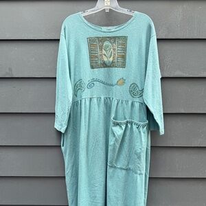 Blue Fish Teal Vintage Dress with Artistic Print, XL